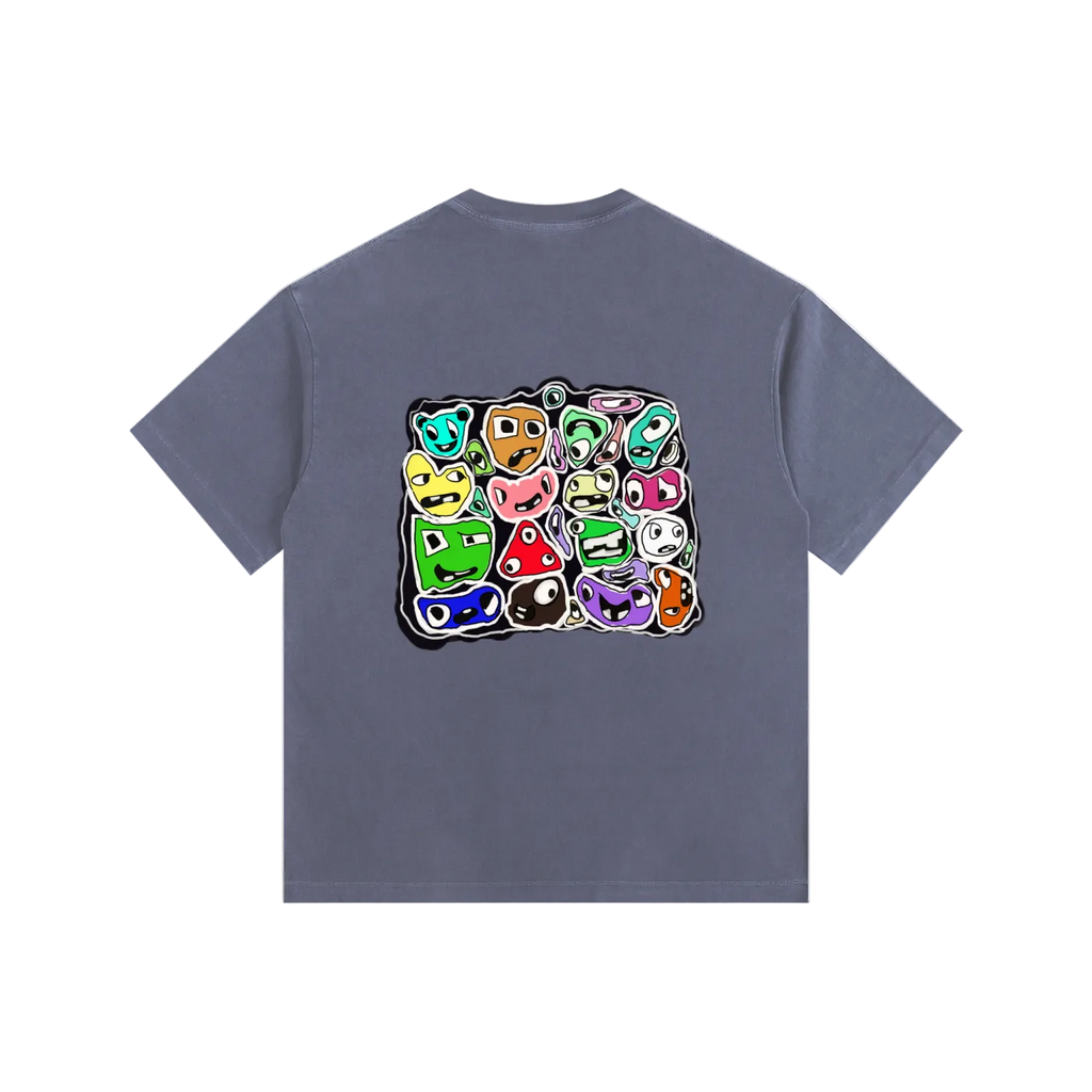 Gray t-shirt with colorful graphic design on the back against a white background