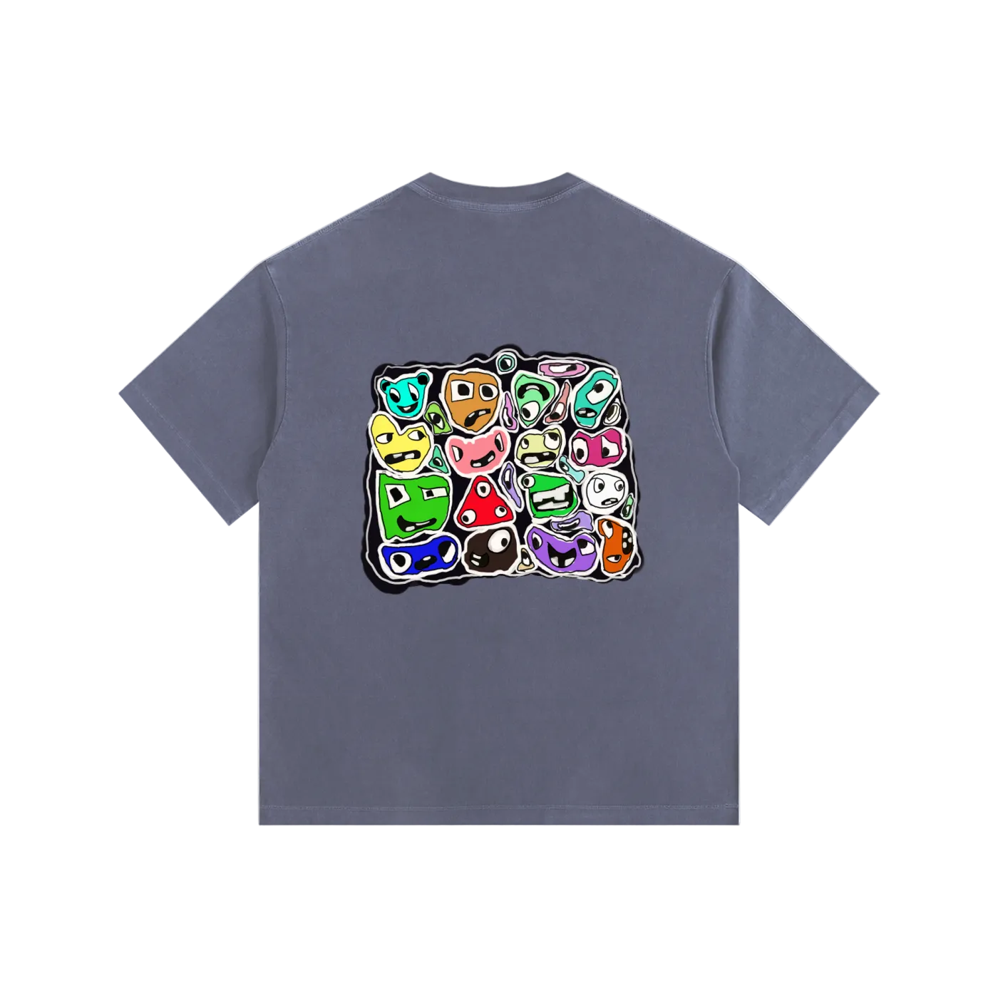 Gray t-shirt with colorful graphic design on the back against a white background