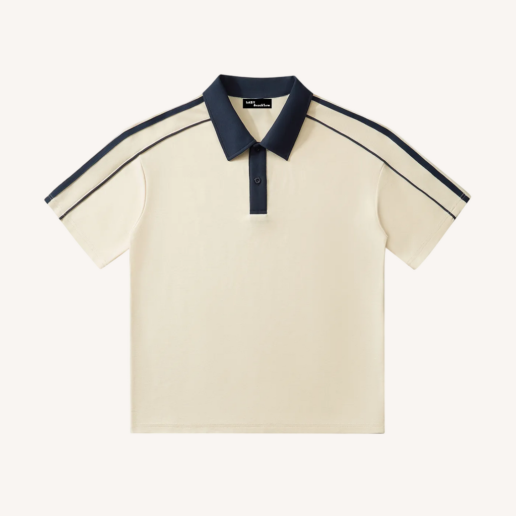 Beige polo shirt with navy accents on a white background