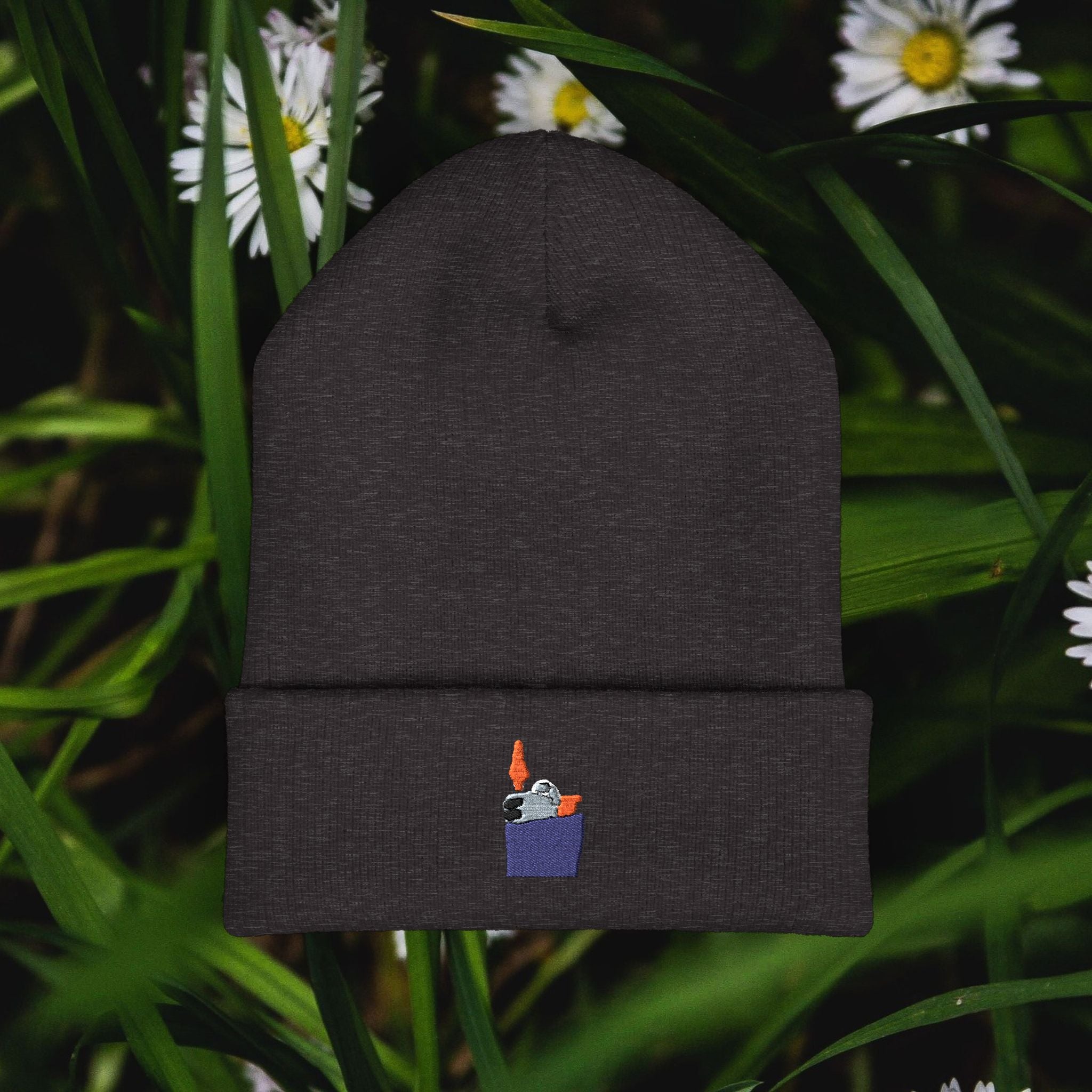 Lighter Pocket Embroidery Beanie | Cuffed Knit Hat
