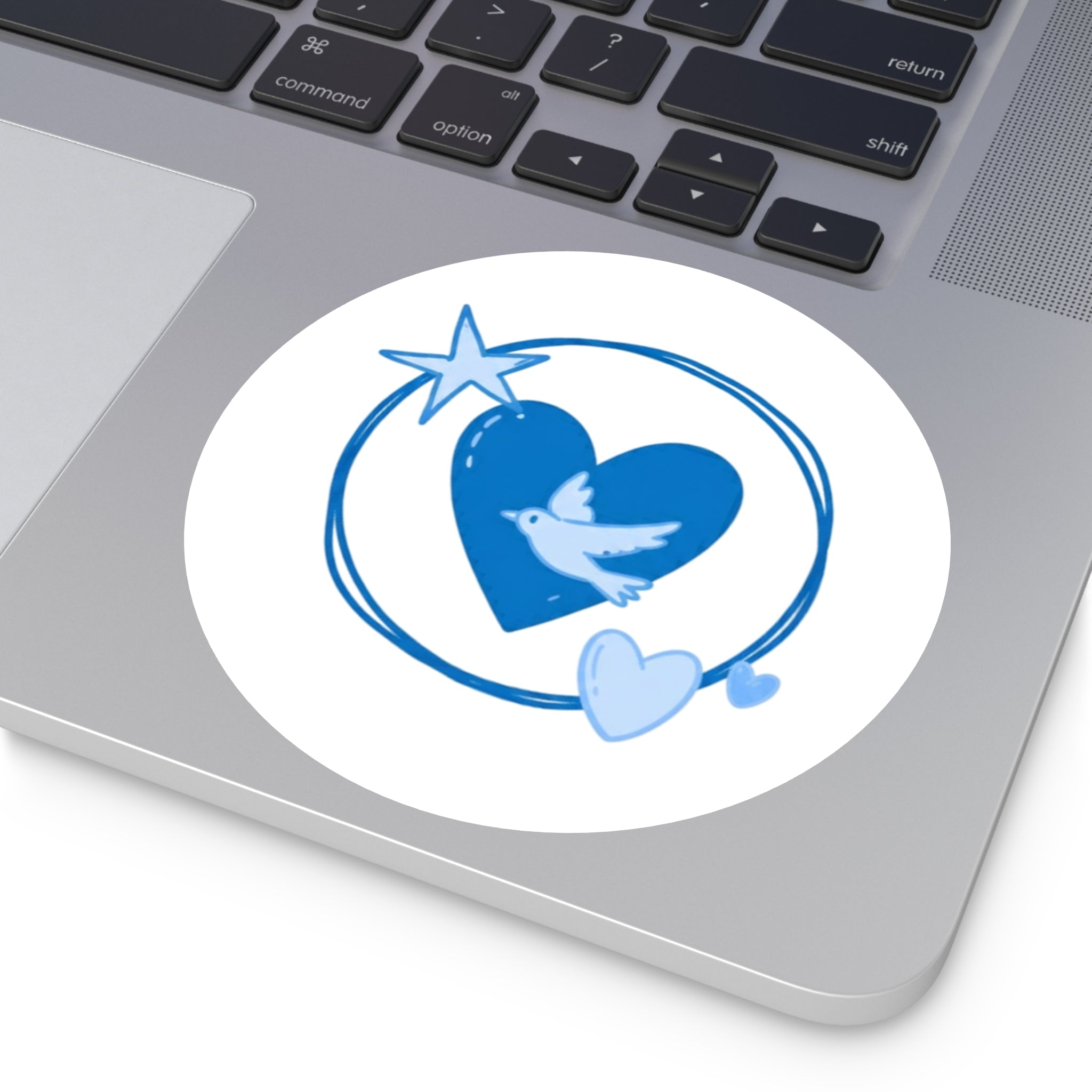 Blue Heart & Dove Round Sticker — Peaceful Love Laptop Decal (Indoor/Outdoor)