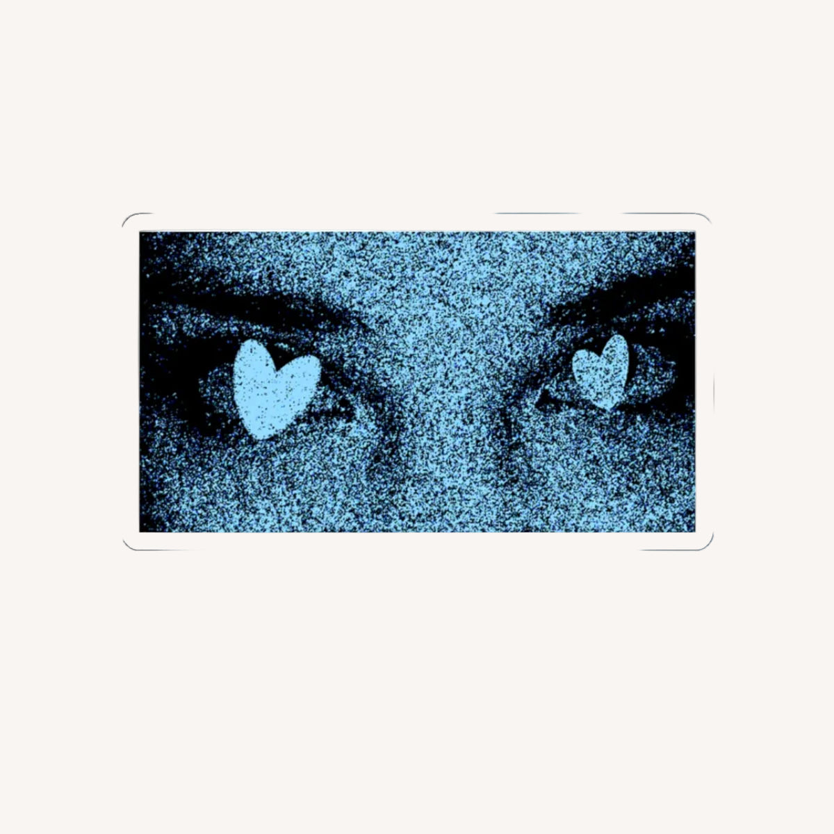 Blue tinted eyes with heart shapes in a rectangular frame on a white background