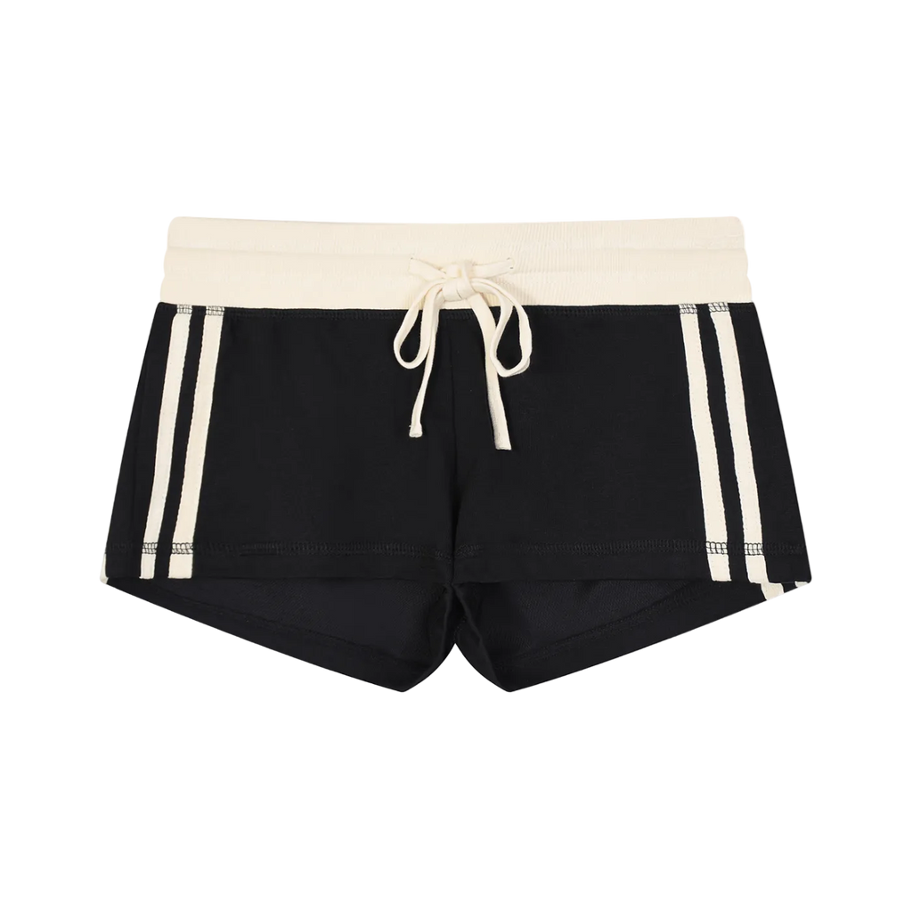 Black shorts with white stripes and drawstring on a white background
