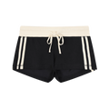 Black shorts with white stripes and drawstring on a white background