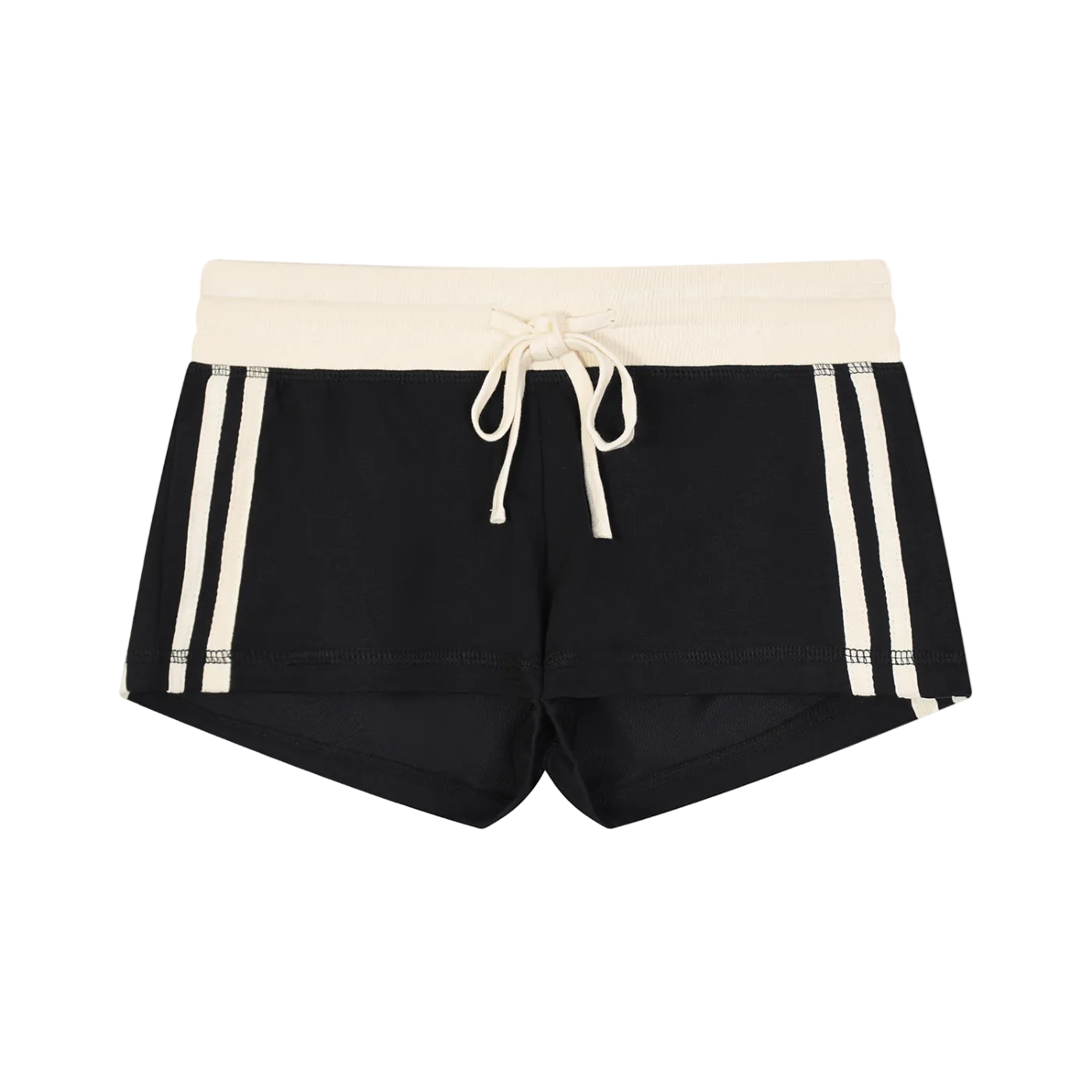 Black shorts with white stripes and drawstring on a white background