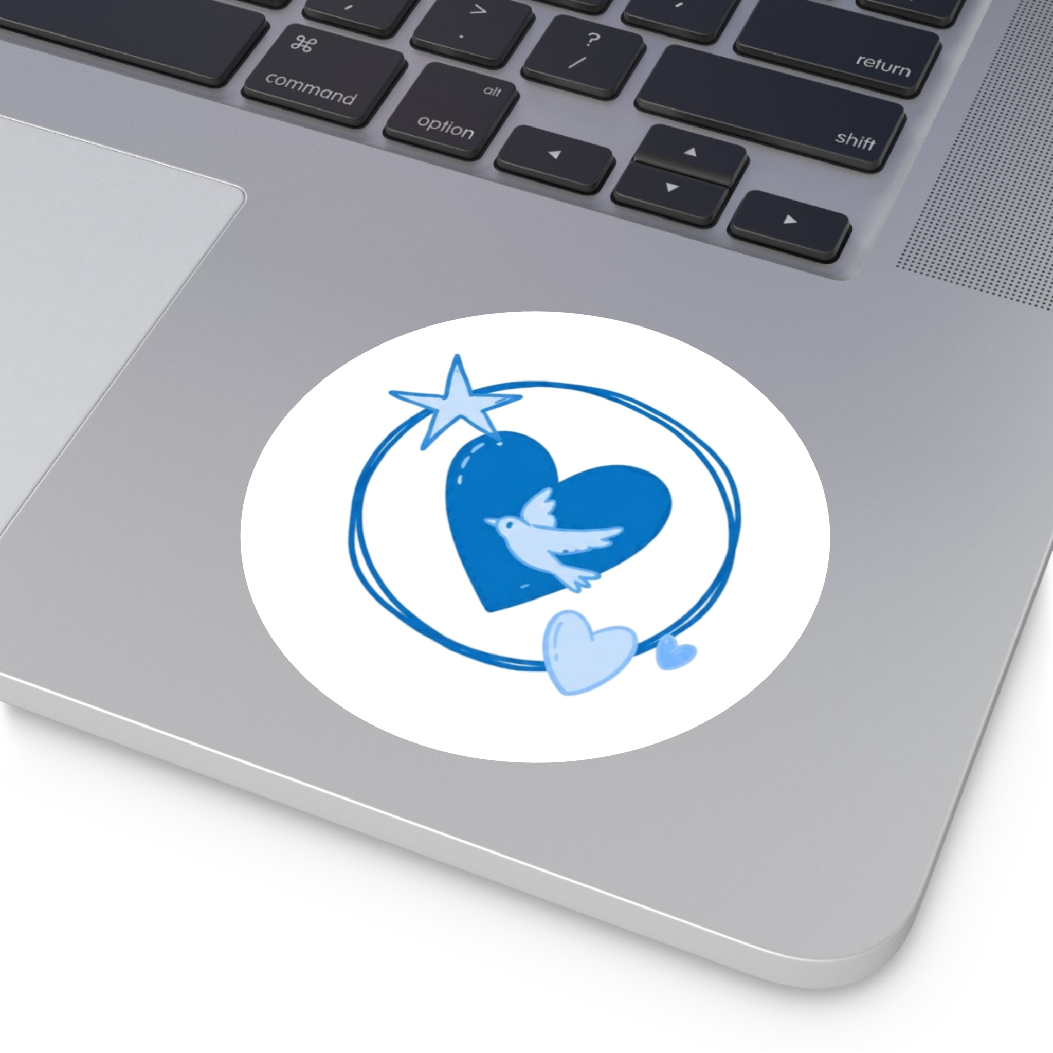 Blue Heart & Dove Round Sticker — Peaceful Love Laptop Decal (Indoor/Outdoor)