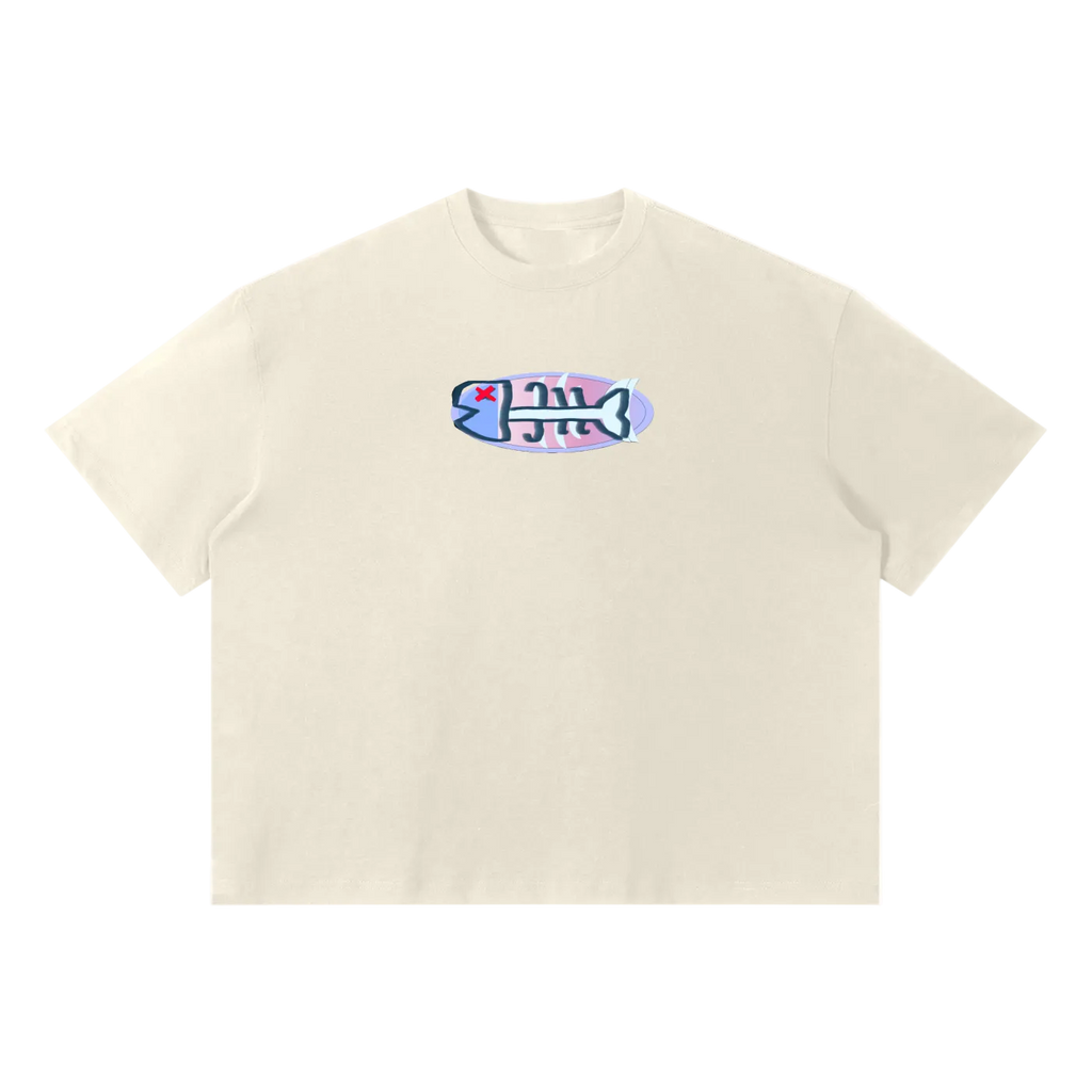 Beige t-shirt with a colorful graphic on a white background
