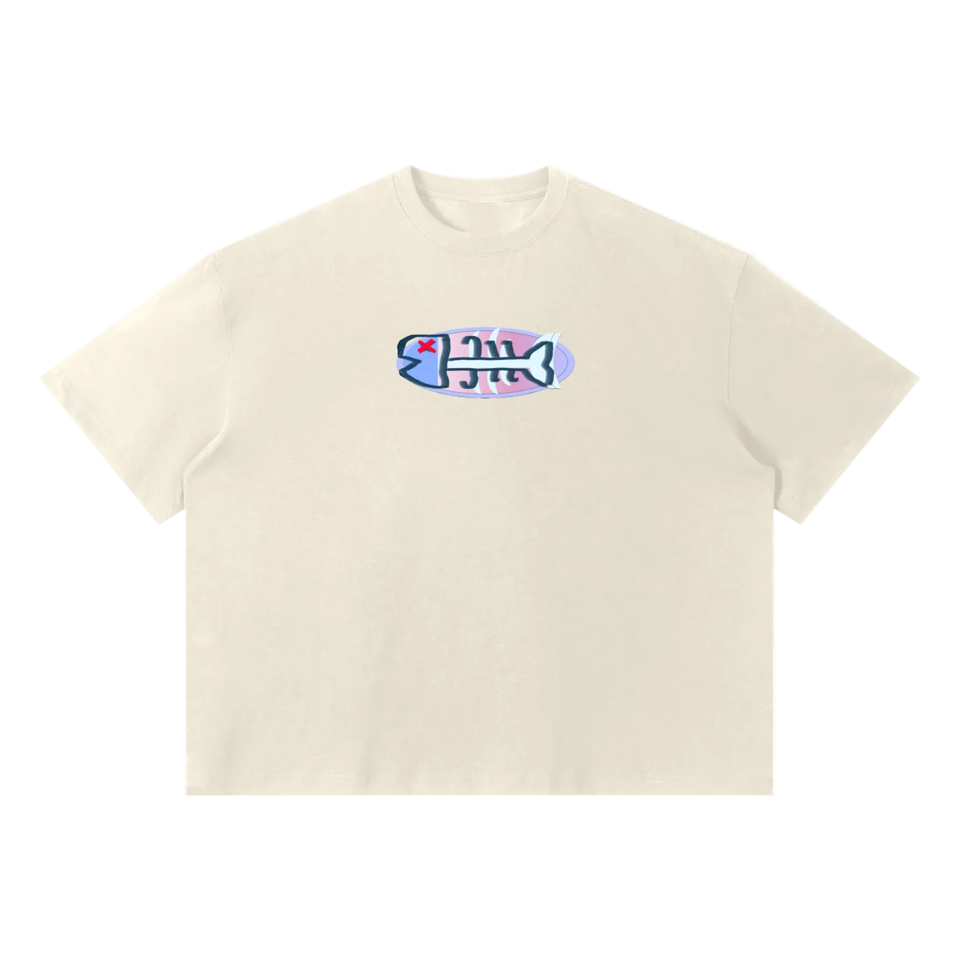 Beige t-shirt with a colorful graphic on a white background