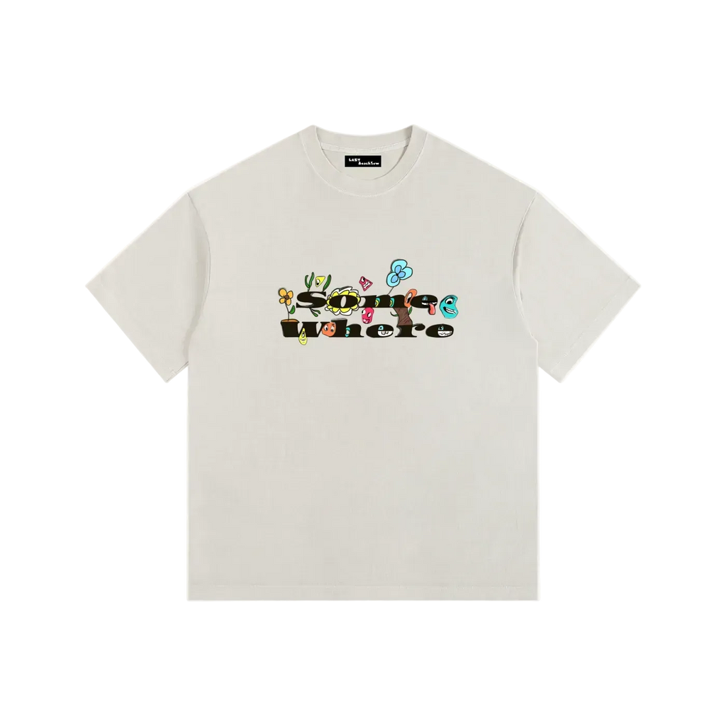 White t-shirt with colorful graphic design on a white background
