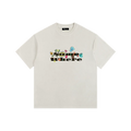 White t-shirt with colorful graphic design on a white background