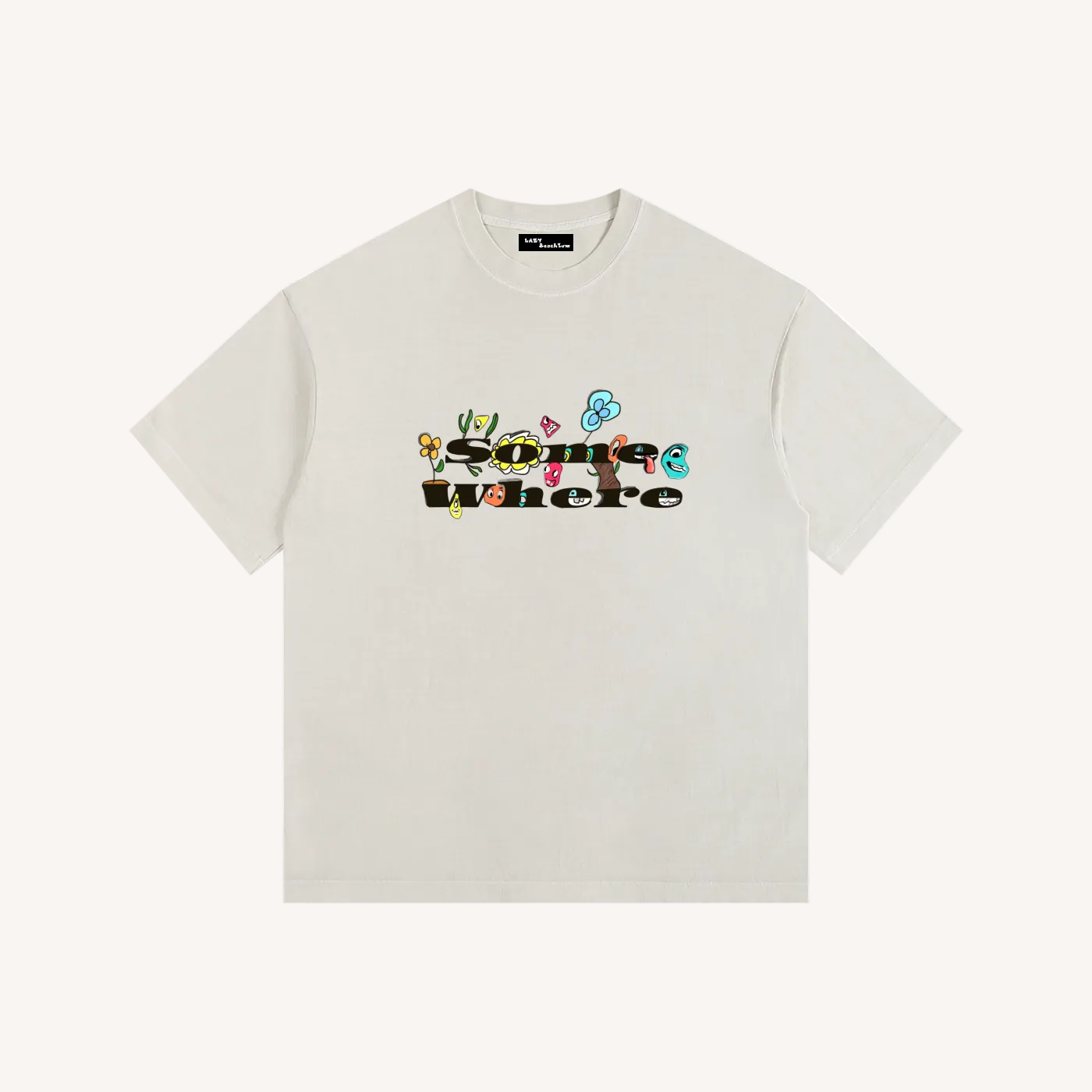 White t-shirt with colorful graphic design on a white background