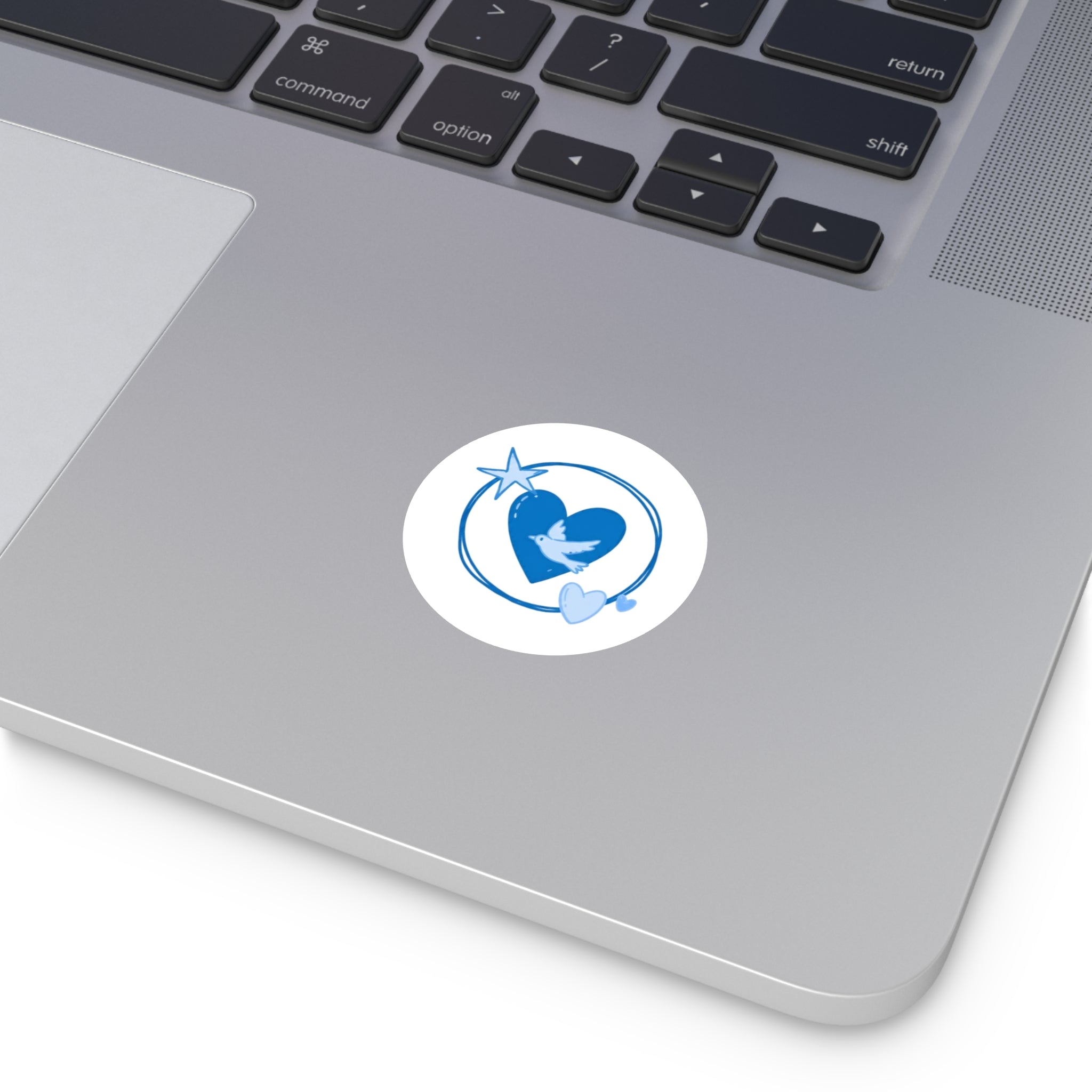 Blue Heart & Dove Round Sticker — Peaceful Love Laptop Decal (Indoor/Outdoor)