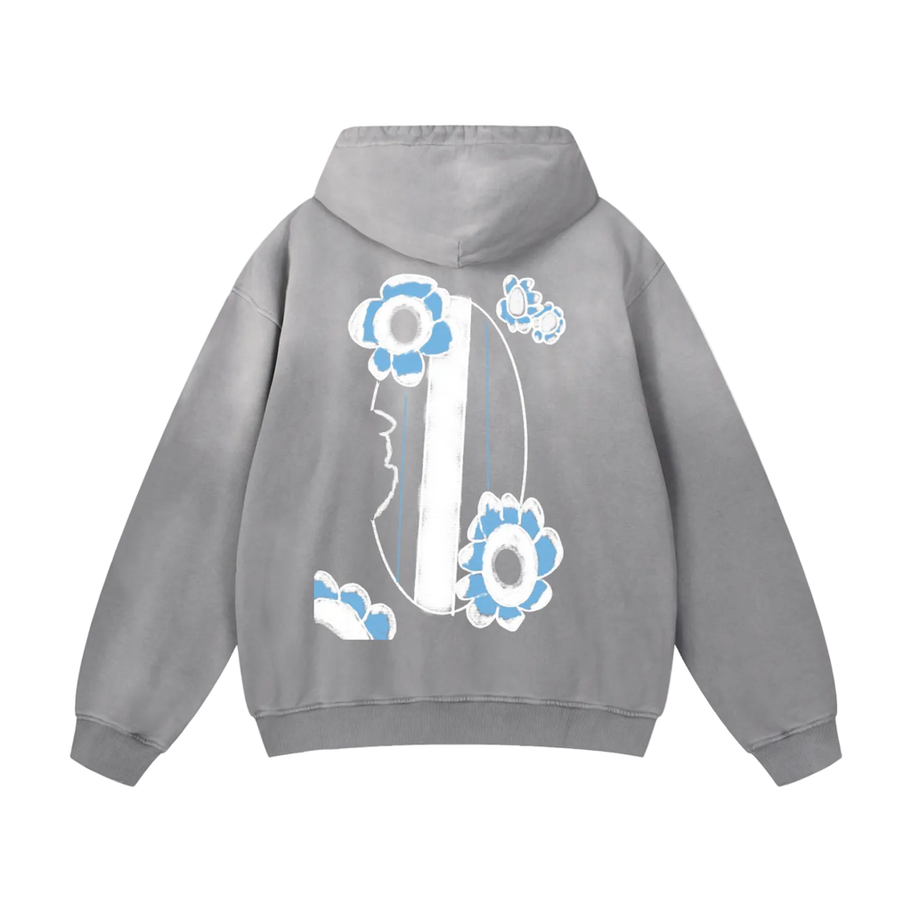 Gray hoodie with floral designs on the back against a white background