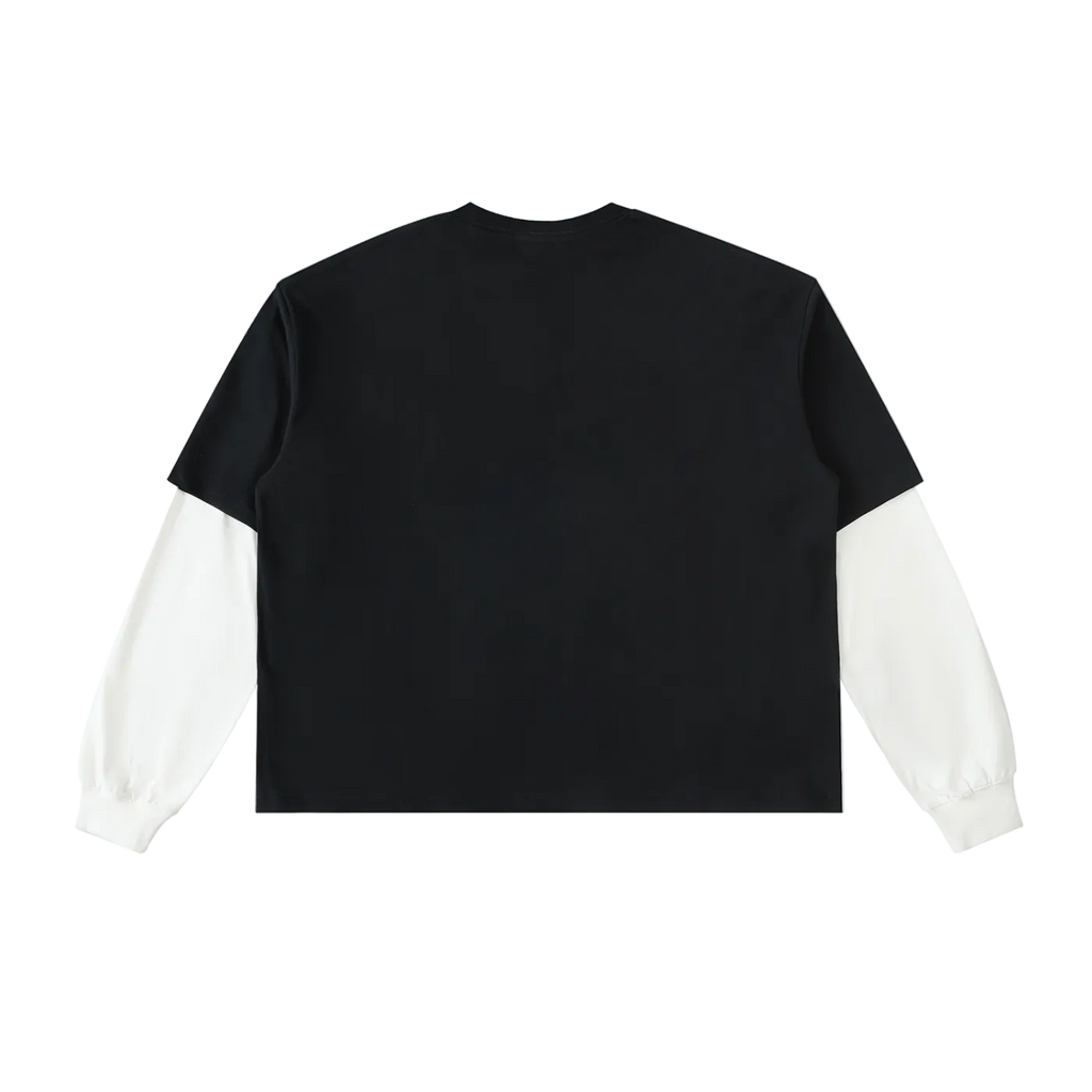 Black t-shirt with white sleeves on a white background