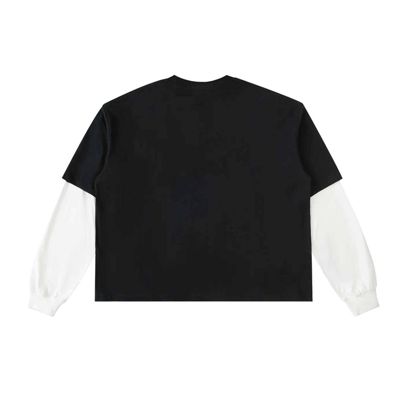 Black t-shirt with white sleeves on a white background