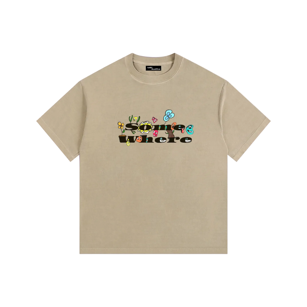 Beige t-shirt with colorful graphic design on a white background