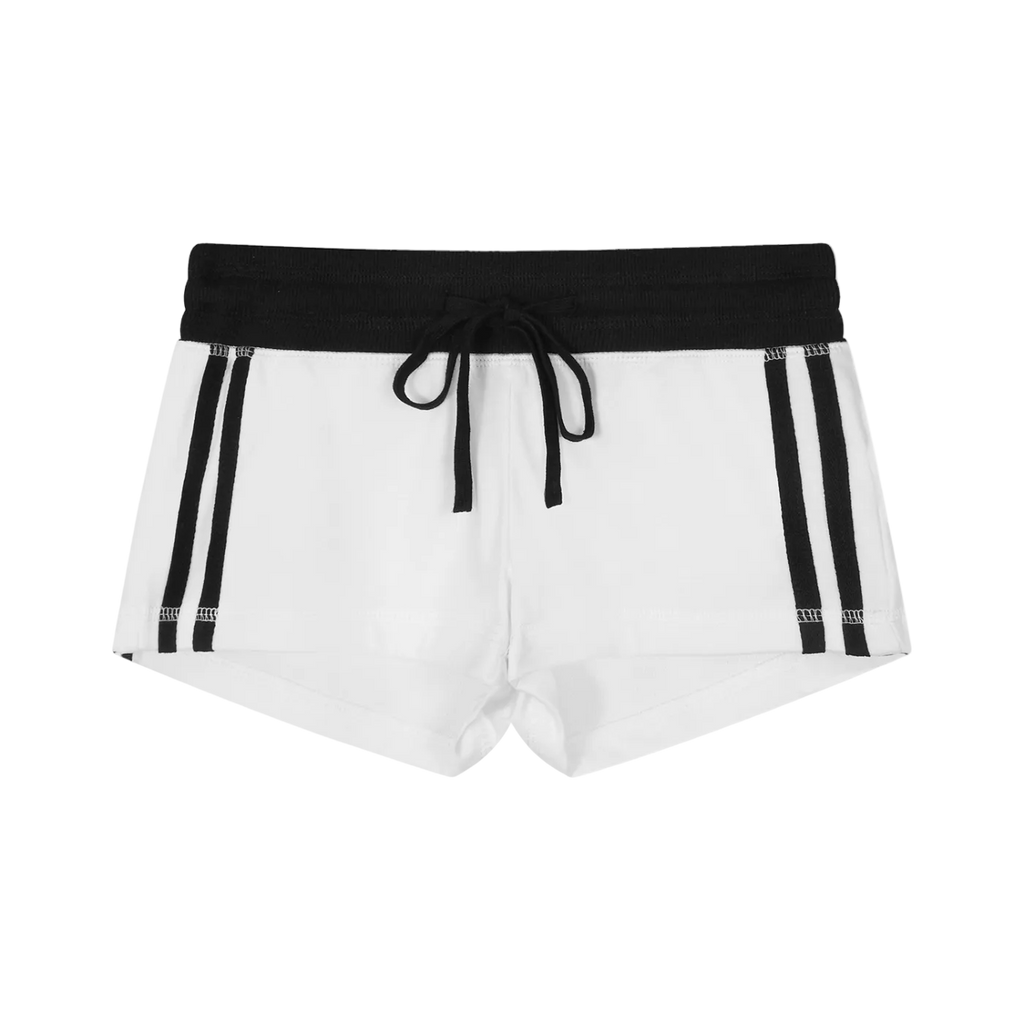White shorts with black drawstring and side stripes on a white background