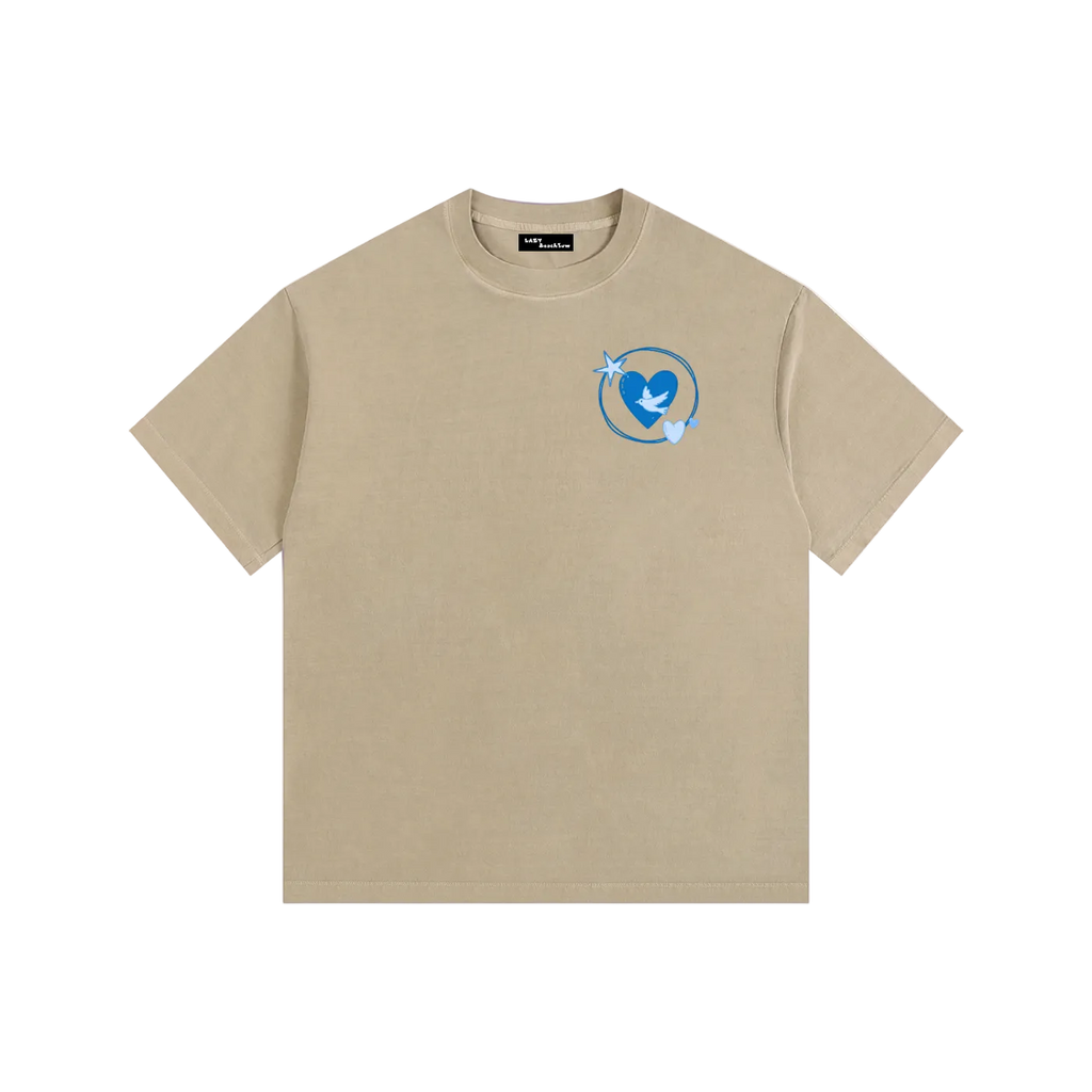 Beige t-shirt with a small logo on the chest against a white background