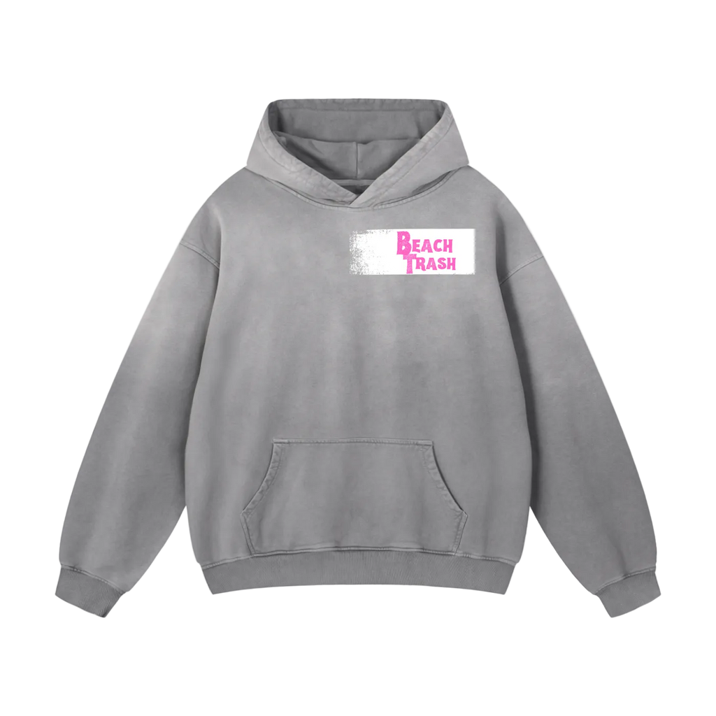 Gray hoodie with 'Beach Trash' text on a white background