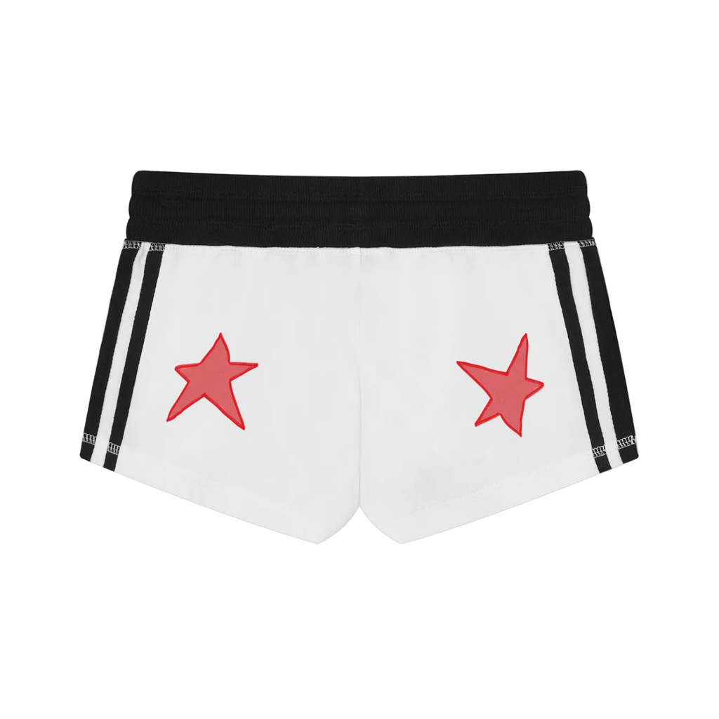 White shorts with red stars and black waistband on a white background