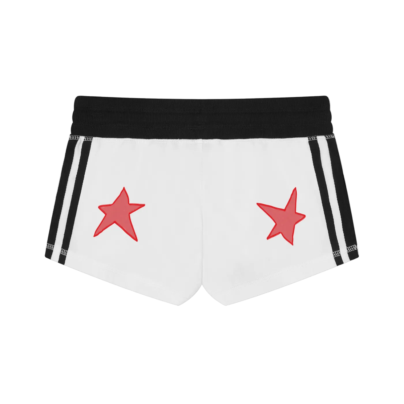 White shorts with red stars and black waistband on a white background