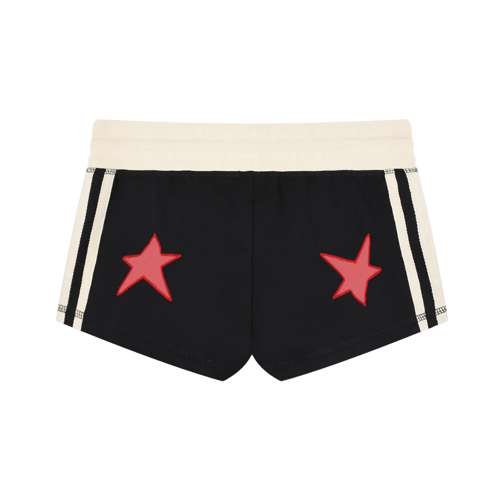 Black shorts with red stars and white waistband on a white background