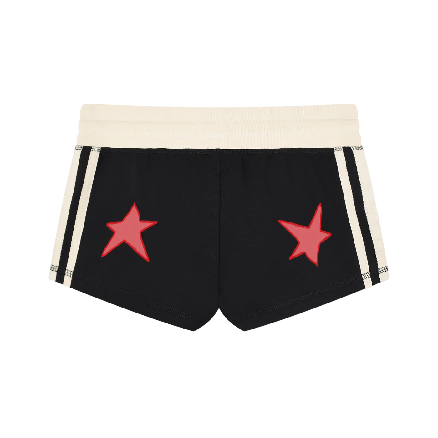 Black shorts with red stars and white waistband on a white background