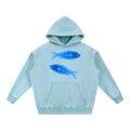 Light blue hoodie with fish graphics on a white background