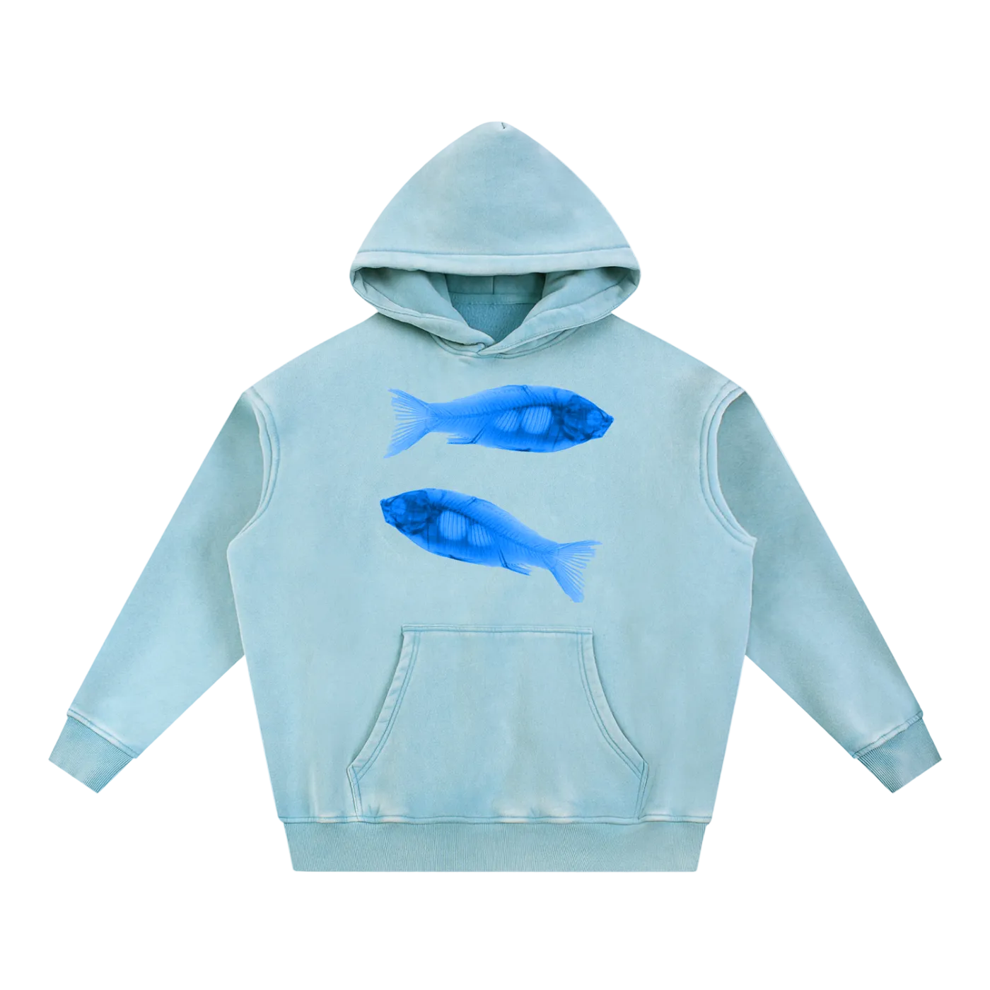 Light blue hoodie with fish graphics on a white background
