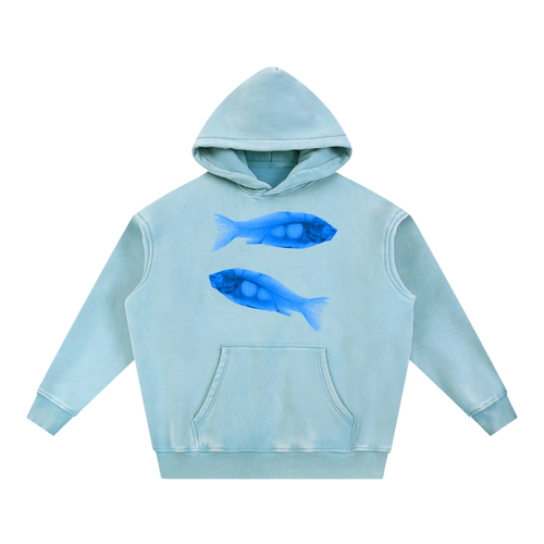Light blue hoodie with fish graphics on a white background