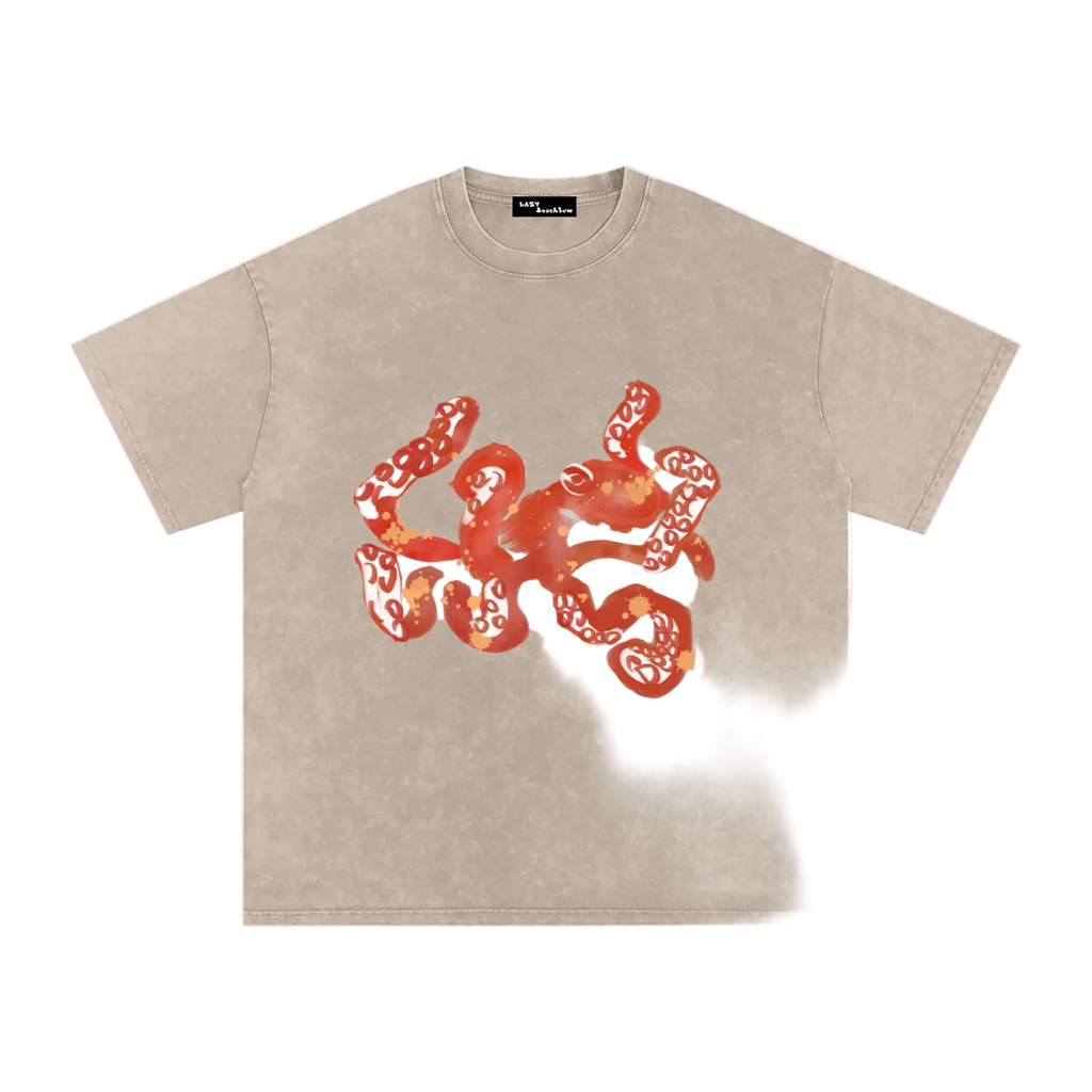 Beige t-shirt with red and orange graphic design on a white background