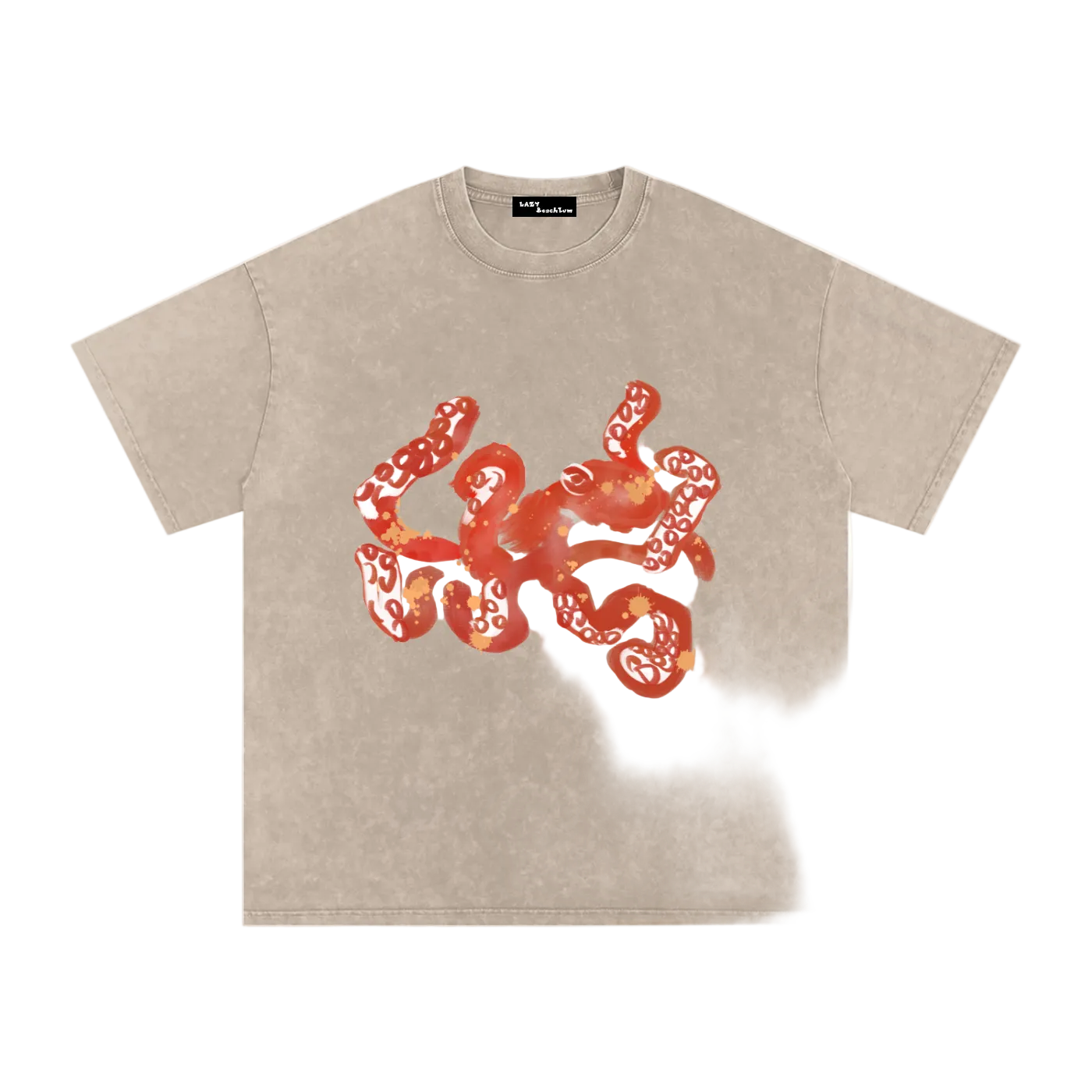 Beige t-shirt with red and orange graphic design on a white background