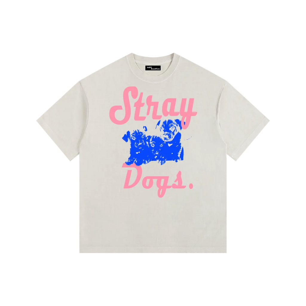Beige t-shirt with 'Stray Dogs' graphic design on a white background