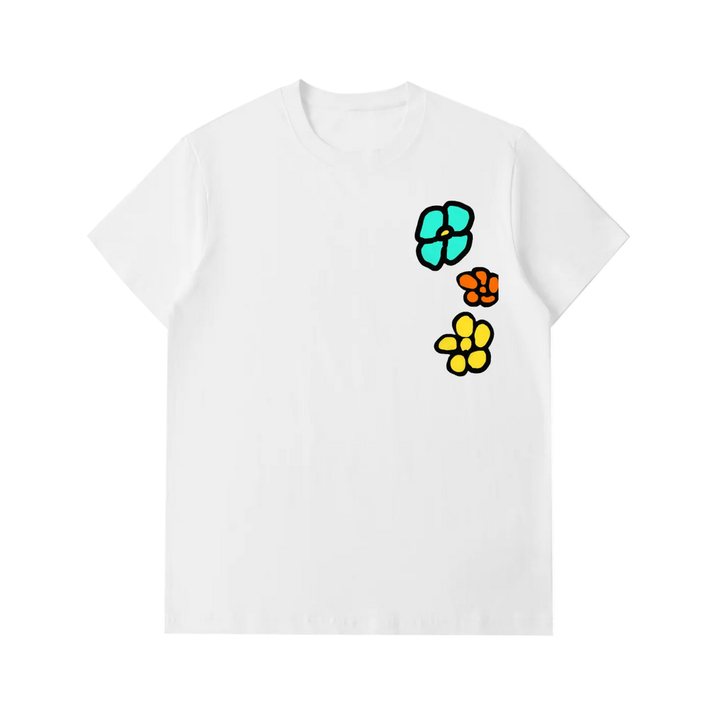 White t-shirt with colorful flower designs on a white background