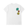White t-shirt with colorful flower designs on a white background