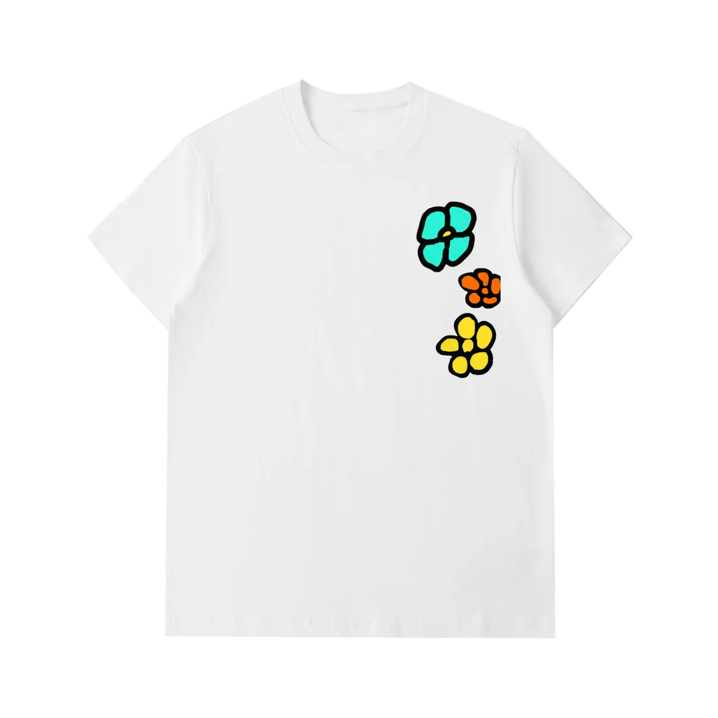 White t-shirt with colorful flower designs on a white background