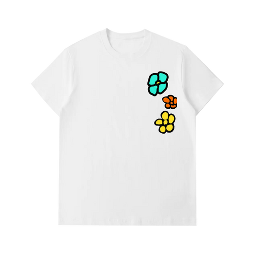 White t-shirt with colorful flower designs on a white background