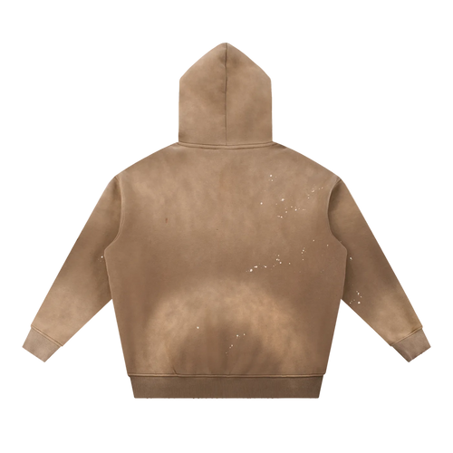 Brown hoodie with splatter design on a white background