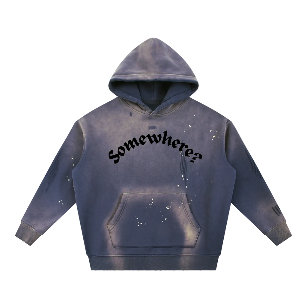 Blue hoodie with 'Somewhere?' text on a white background