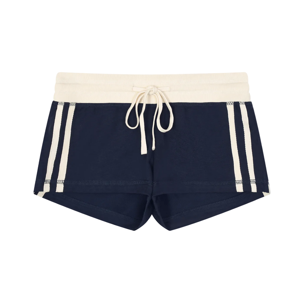 Navy shorts with white drawstring and trim on a white background