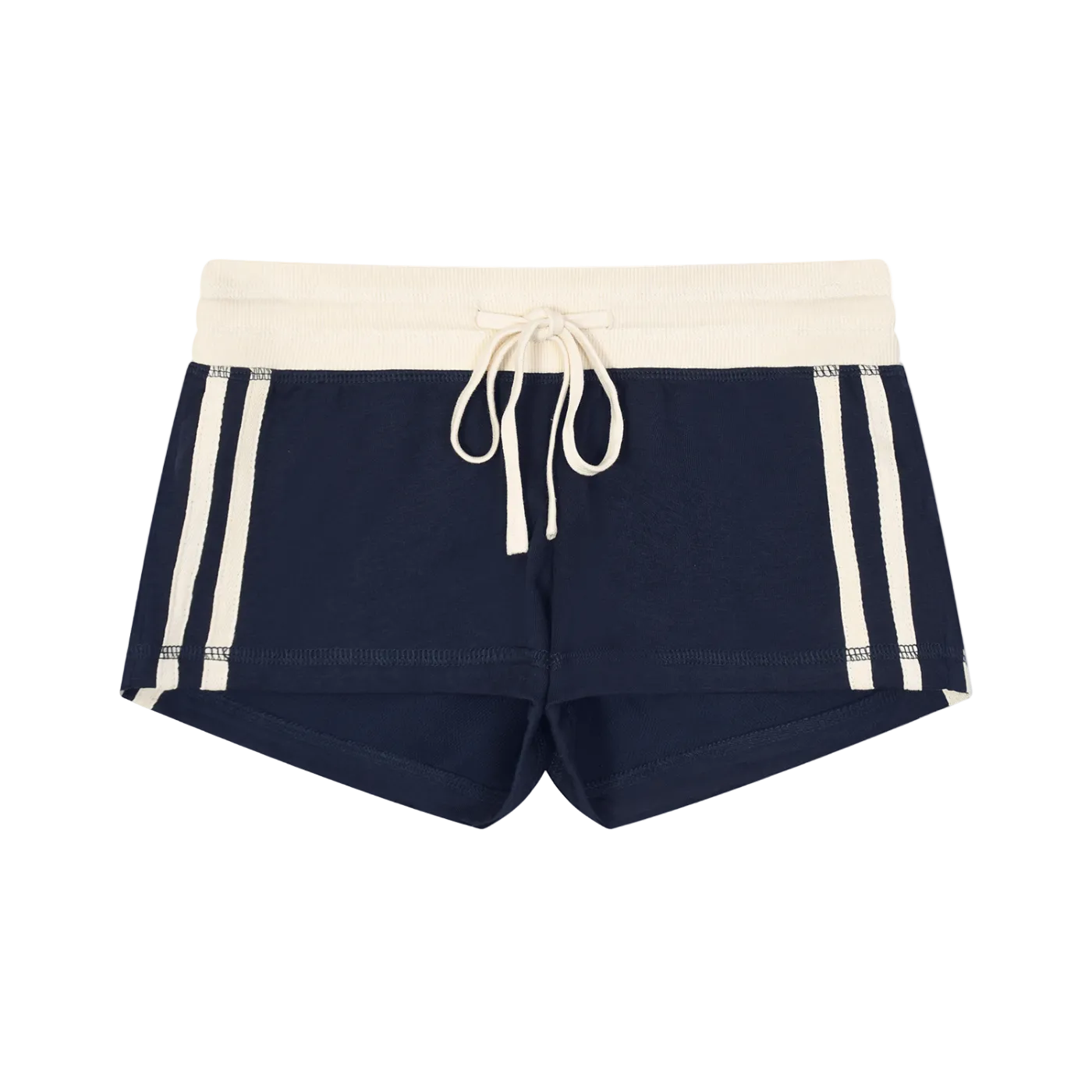 Navy shorts with white drawstring and trim on a white background