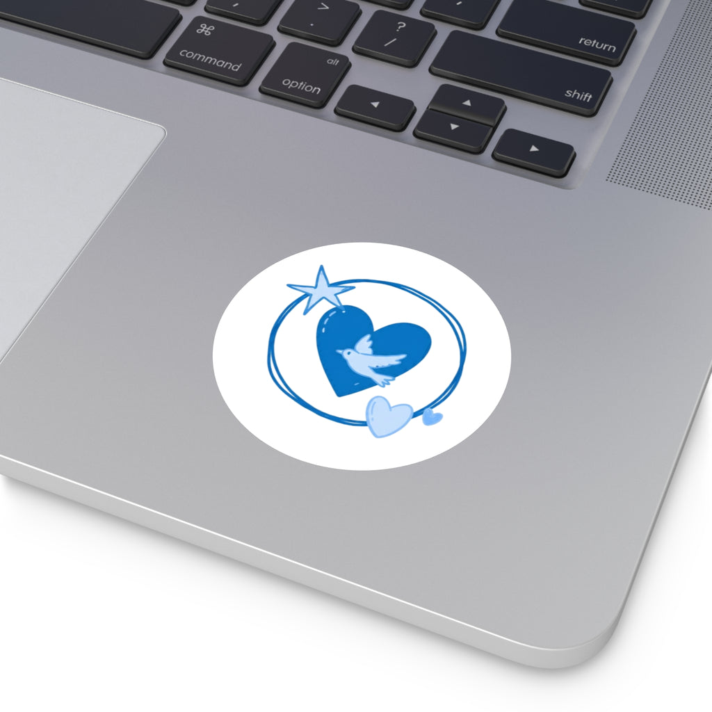 Blue Heart & Dove Round Sticker — Peaceful Love Laptop Decal (Indoor/Outdoor)
