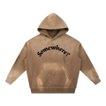 Brown hoodie with 'Somewhere?' text on a white background