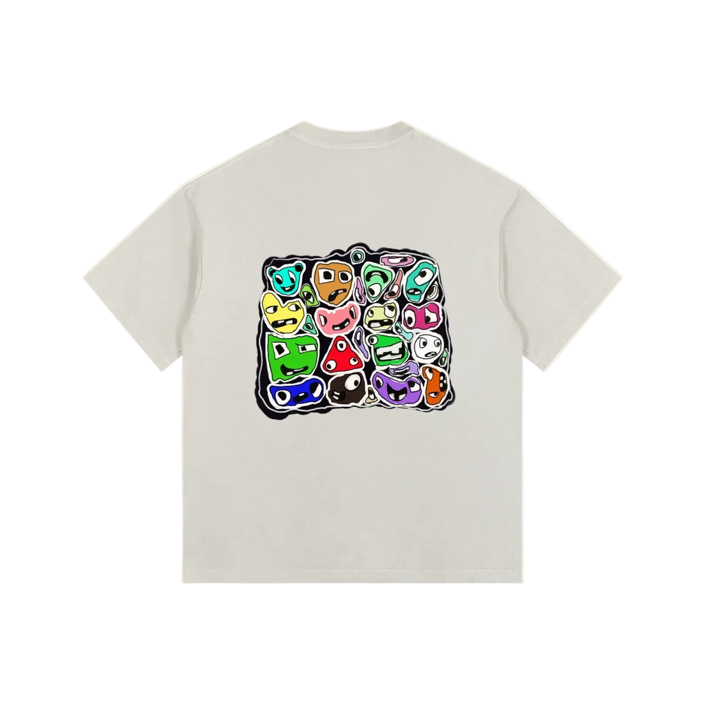 Beige t-shirt with colorful graphic design on a white background