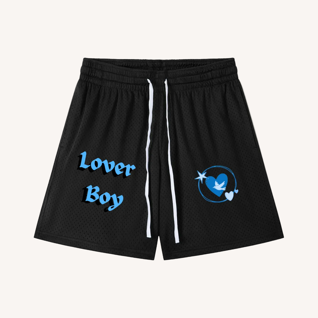 Black shorts with 'Lover Boy' text and a blue graphic on a white background