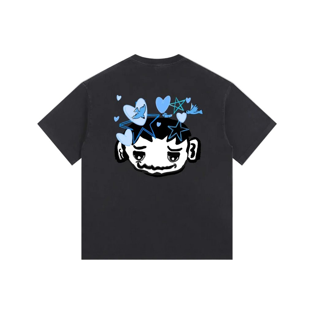 Black t-shirt with a graphic design on the back against a white background