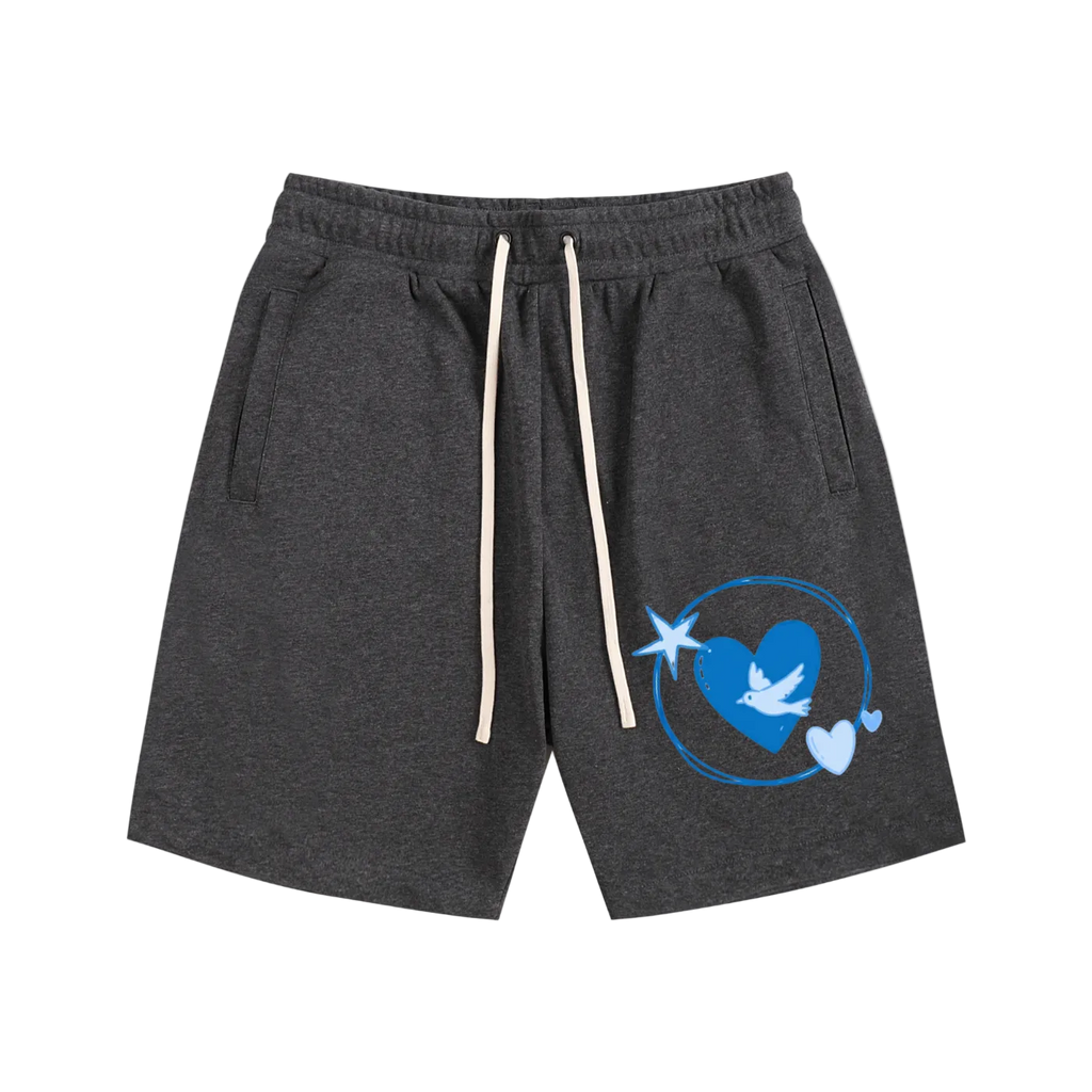 Dark gray shorts with a blue and white graphic design on a white background