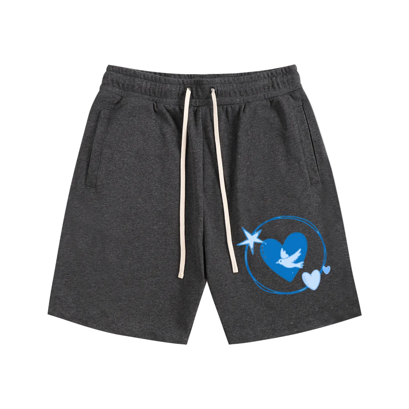 Dark gray shorts with a blue and white graphic design on a white background