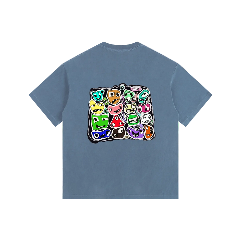 Blue t-shirt with colorful graphic design on a white background