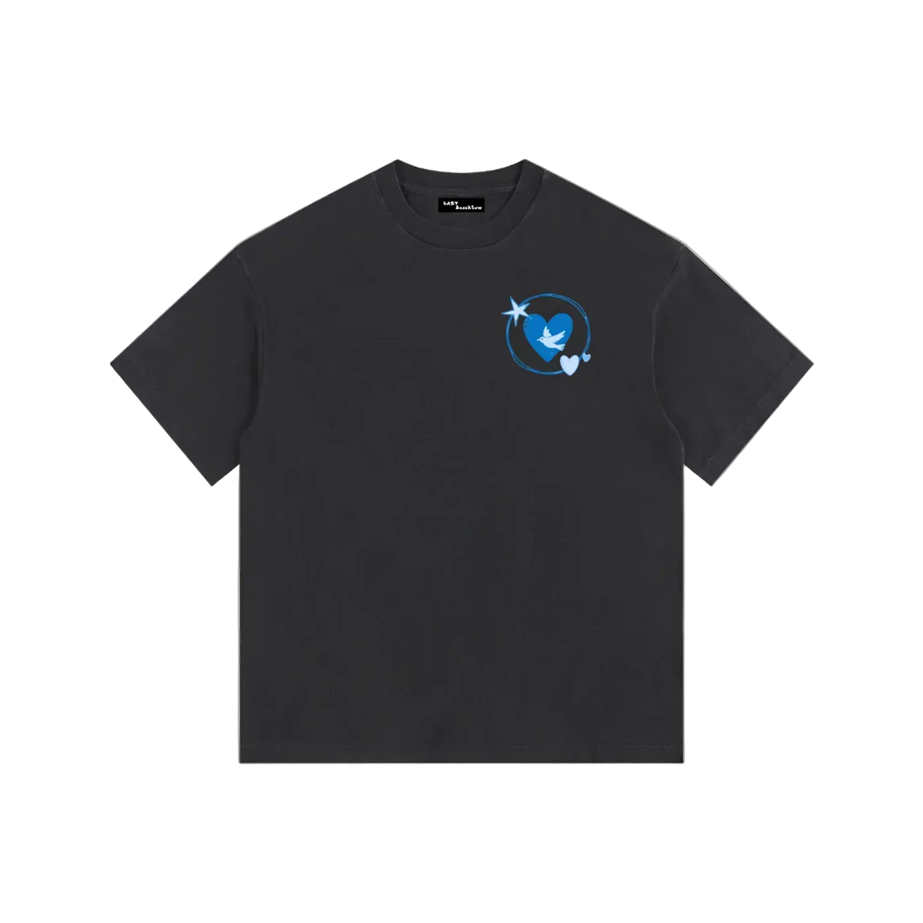 Black t-shirt with a small graphic on the chest against a white background
